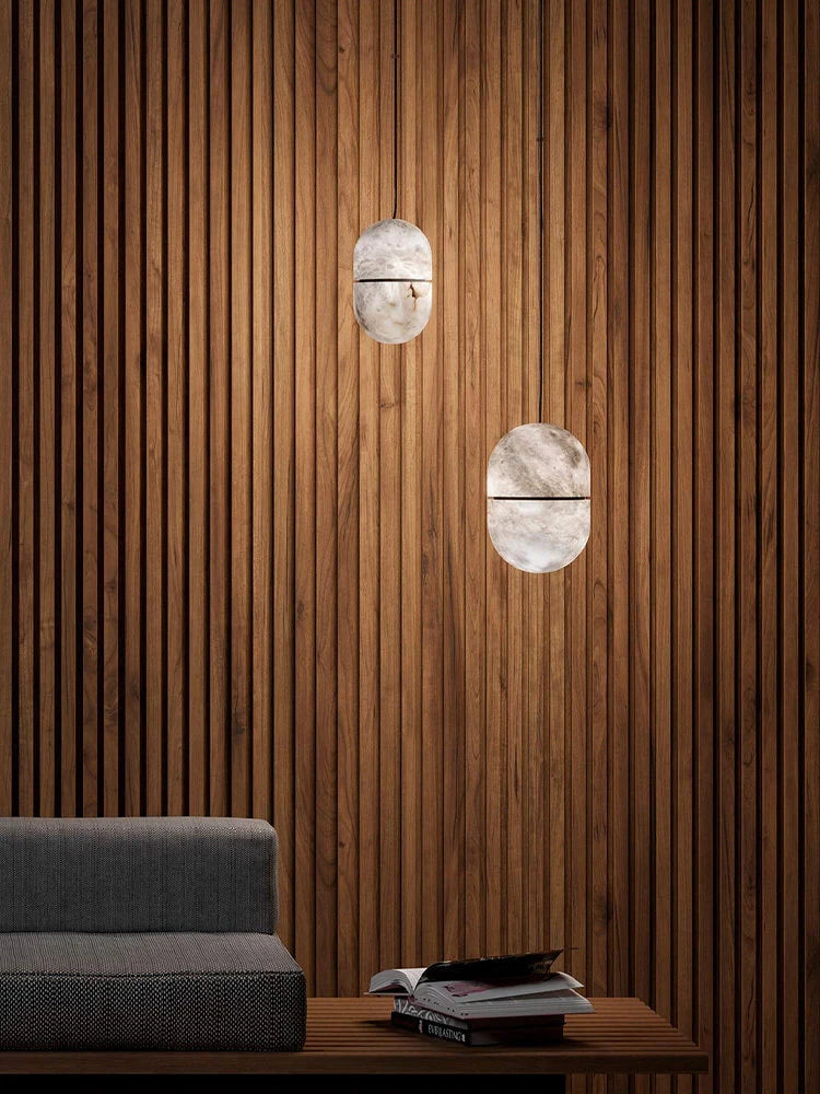 Modern Natural Marble Ellipsoid Pendant Light against Wooden Slatted Wall