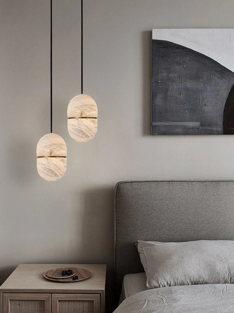 Modern Natural Marble Ellipsoid Pendant Lights in Minimalist Bedroom