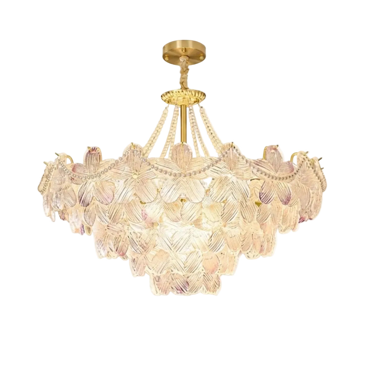 Modern Brass and Pink Hydrangea Petal Art Glass Chandelier with Gold Canopy on Pure White Background