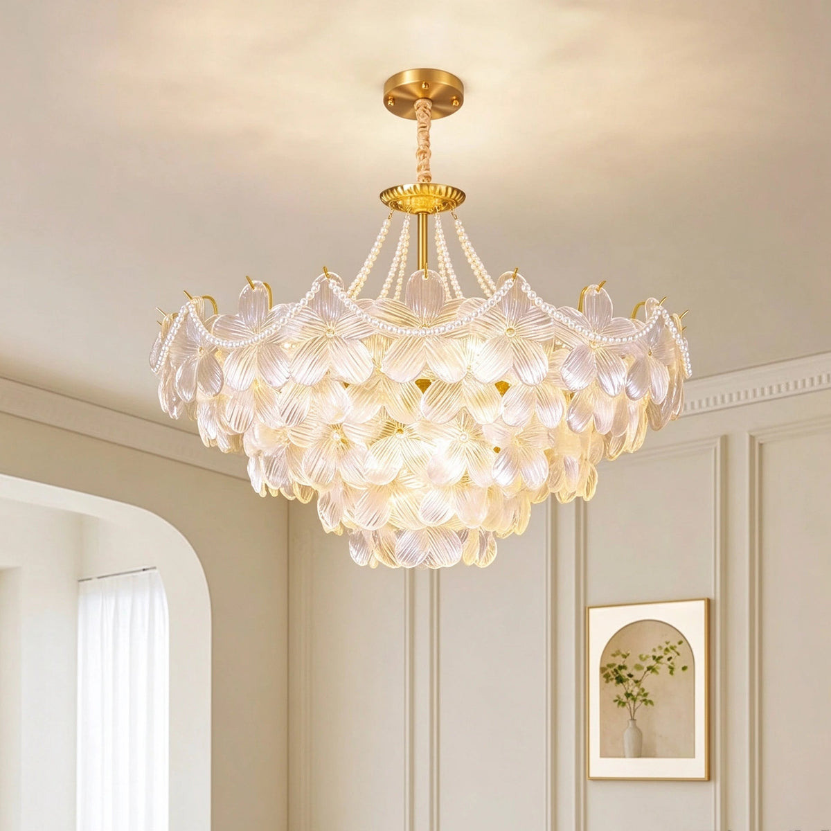 Modern Hydrangea Petal Art Glass Chandelier in Hallway Corridor Setting