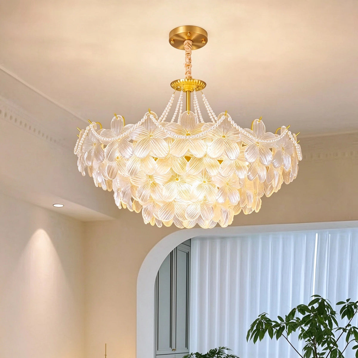 Modern Brass Hydrangea Petal Art Glass Chandelier in Elegant Corridor