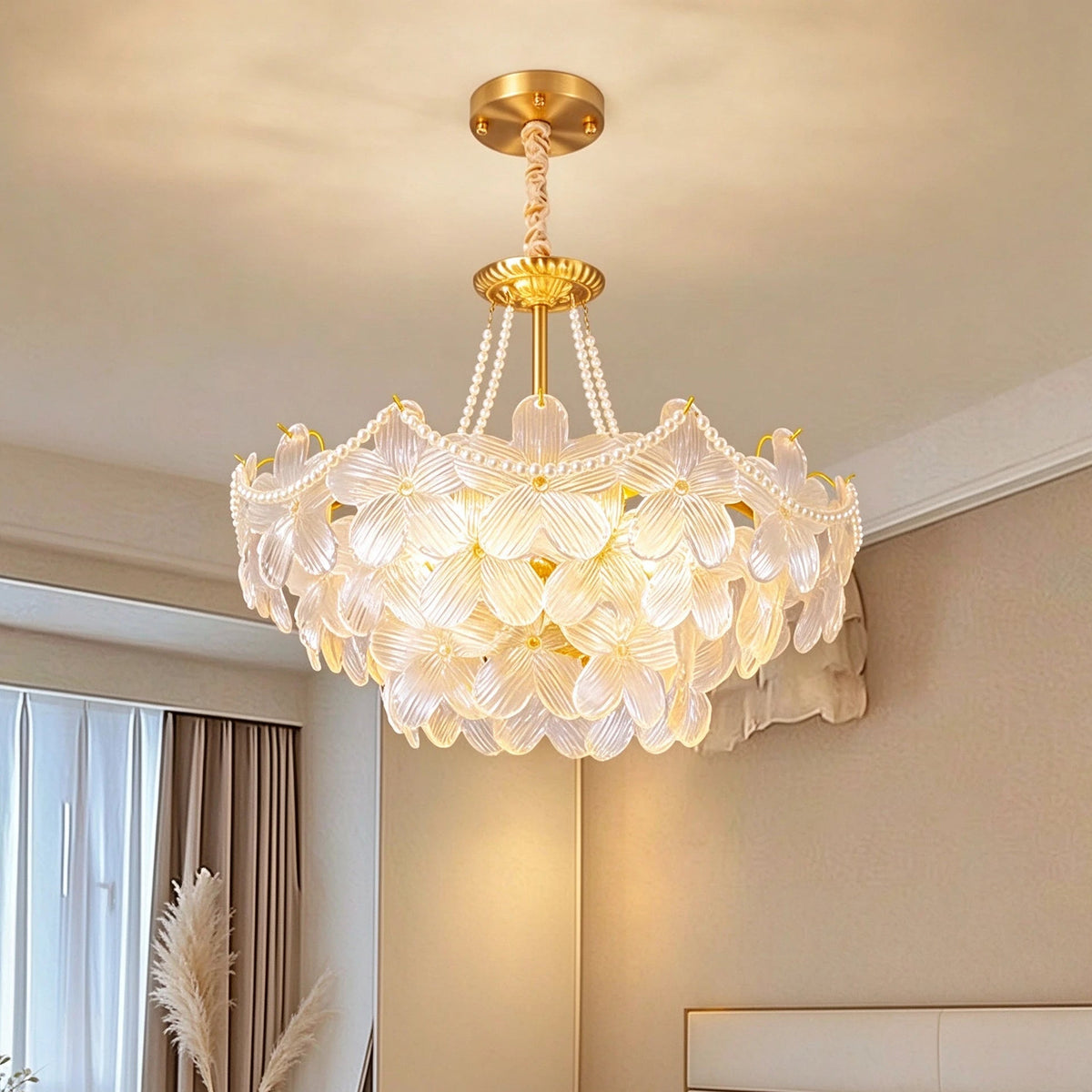 Modern Pink Hydrangea Petal Art Glass Chandelier in Master Bedroom Setting
