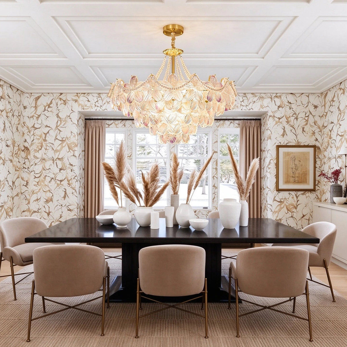Modern Hydrangea Petal Art Glass Chandelier in Formal Dining Room
