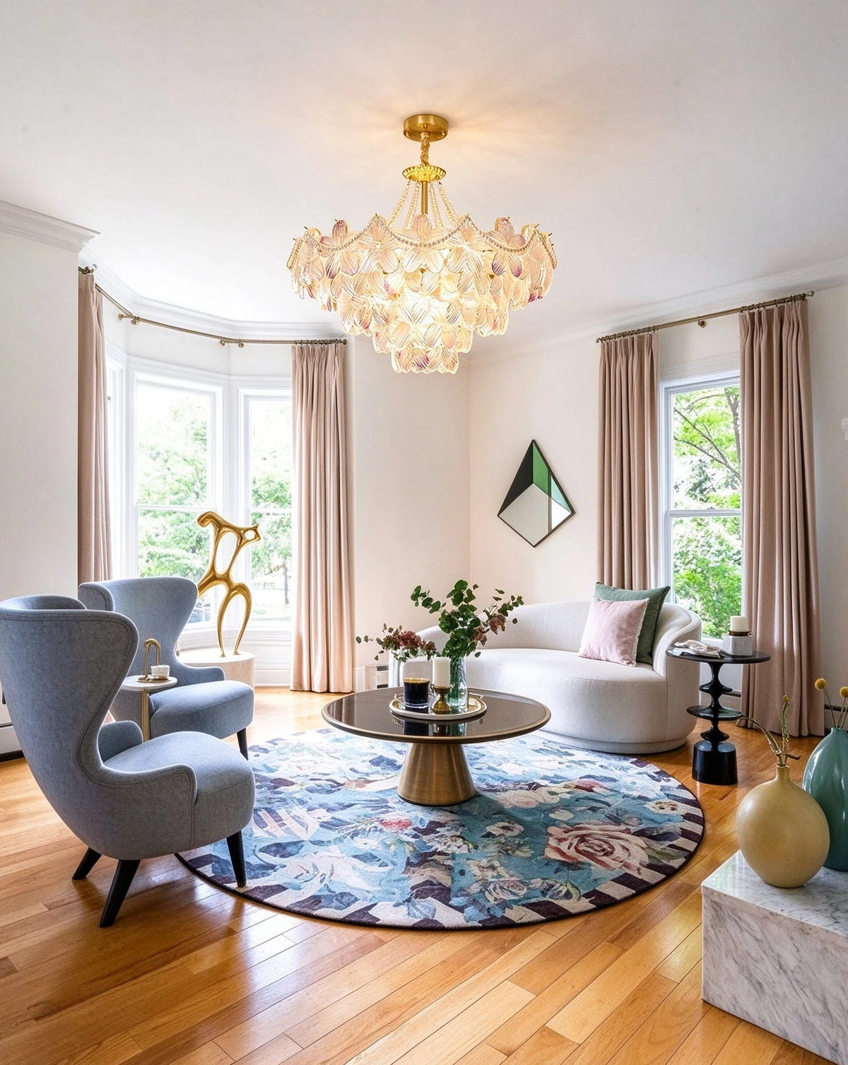 Modern Brass Hydrangea Petal Art Glass Chandelier in Sunroom Setting