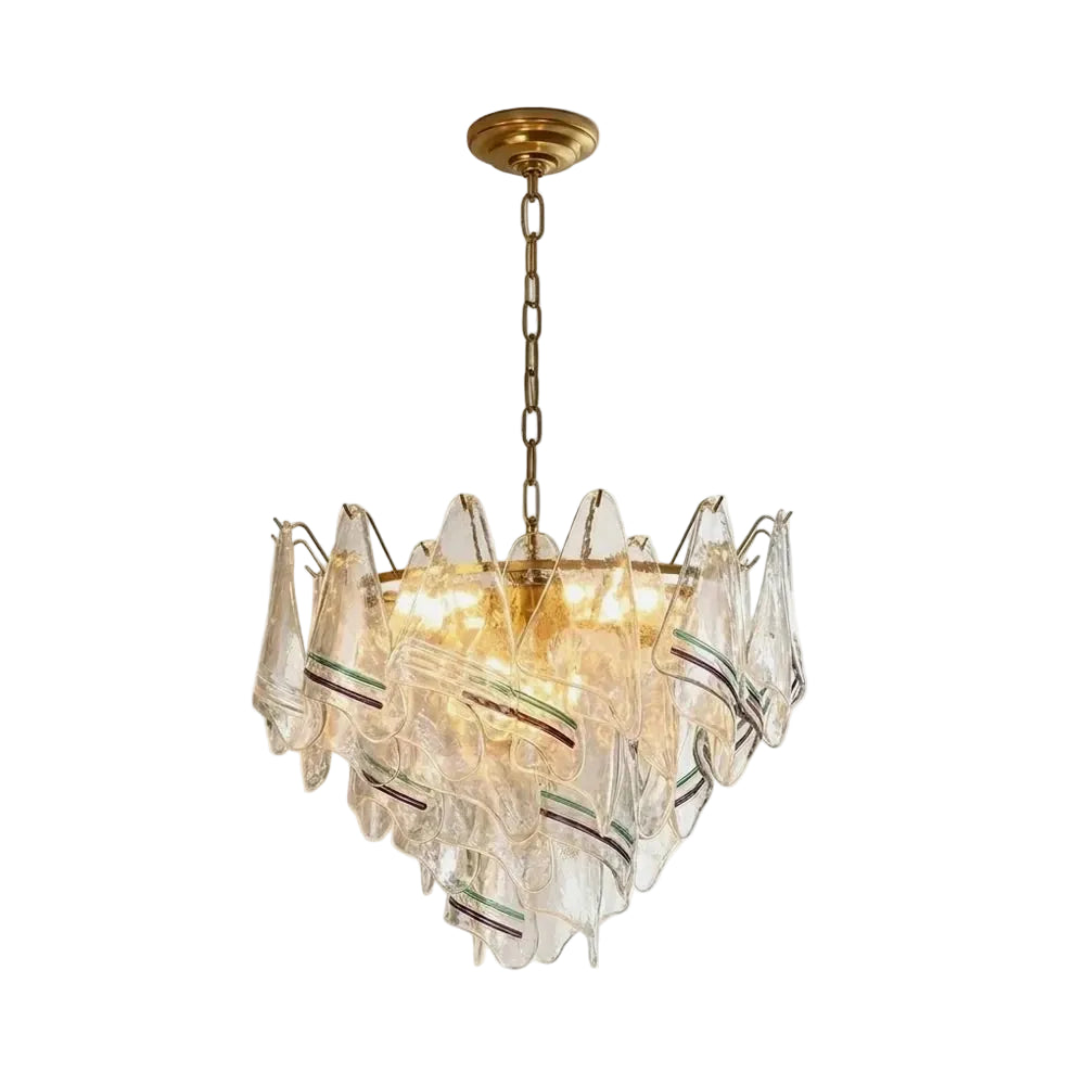 Modern Venetian Striped Art Glass Chandelier with Brass Chain on Pure White Background