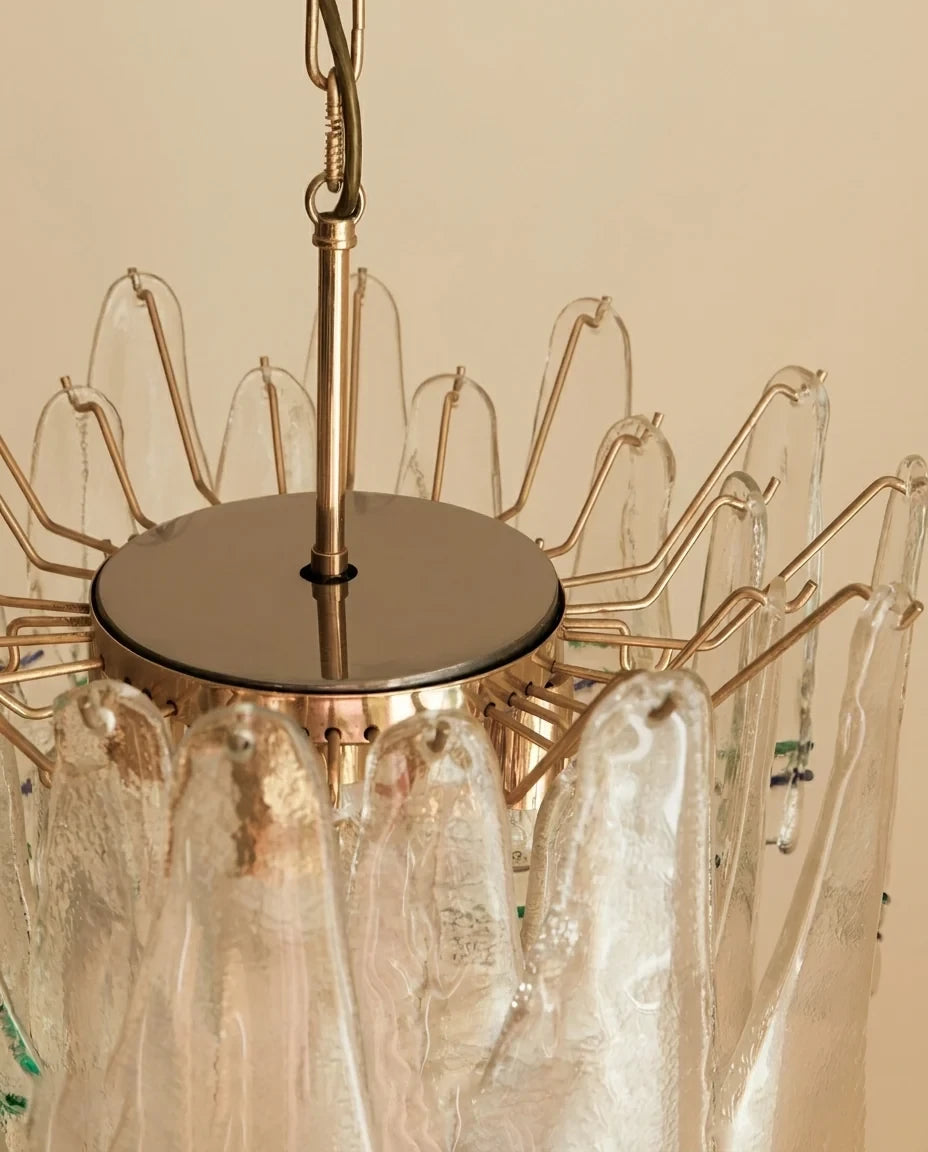 Close Up View of Brass Canopy and Art Glass Chandelier Mounting