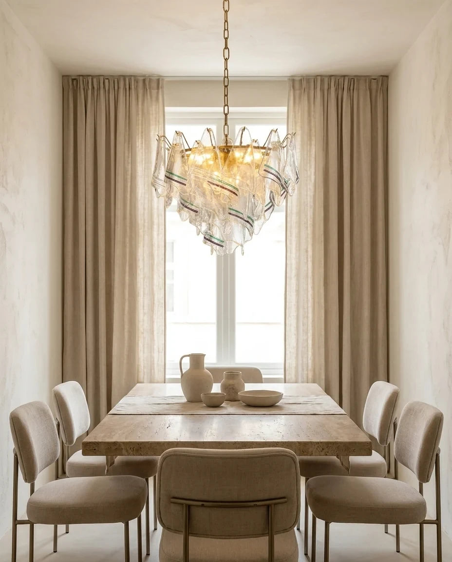 Modern Venetian Striped Art Glass Chandelier Over Dining Table