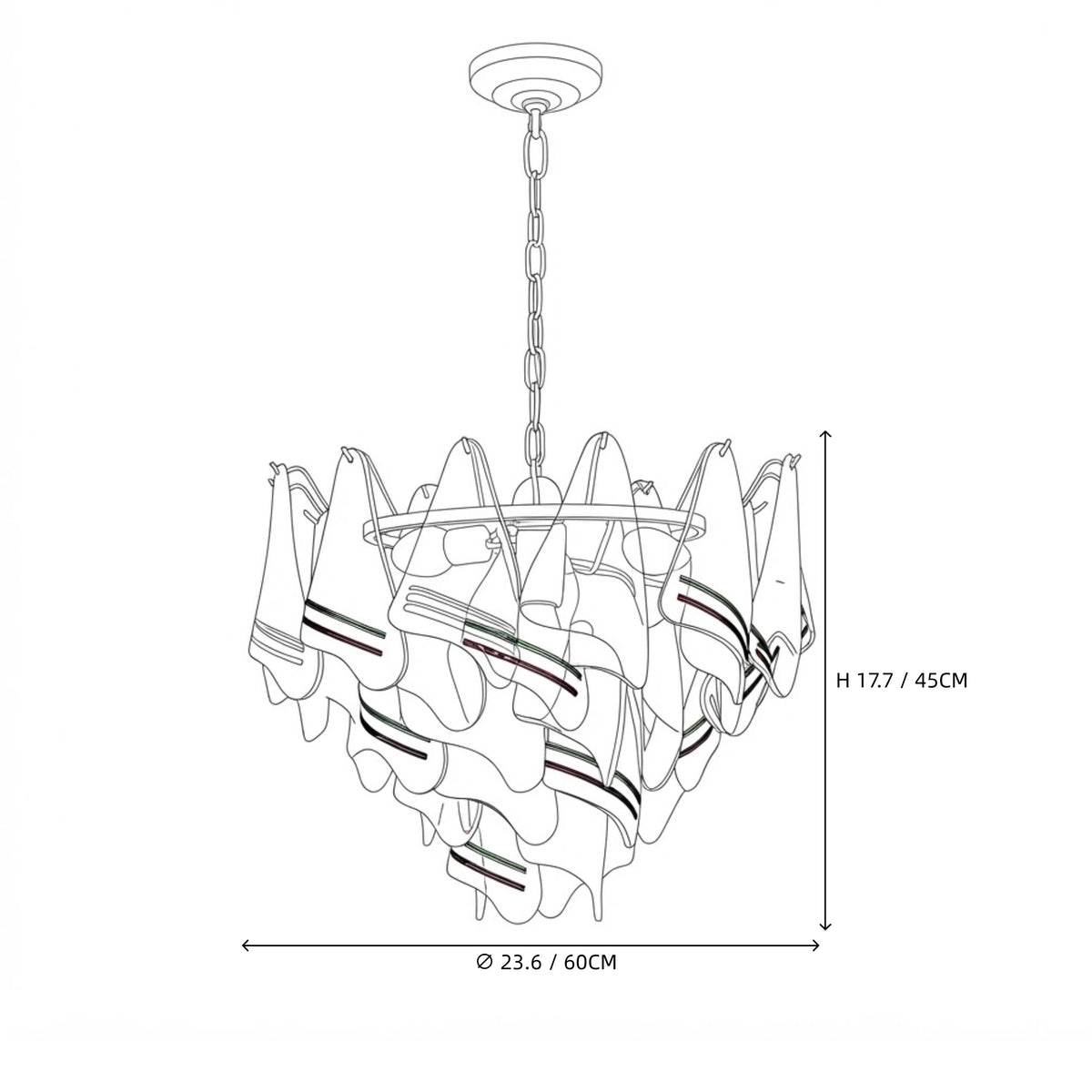 Modern Venetian Striped Art Glass Chandelier Line Art Dimension Diagram