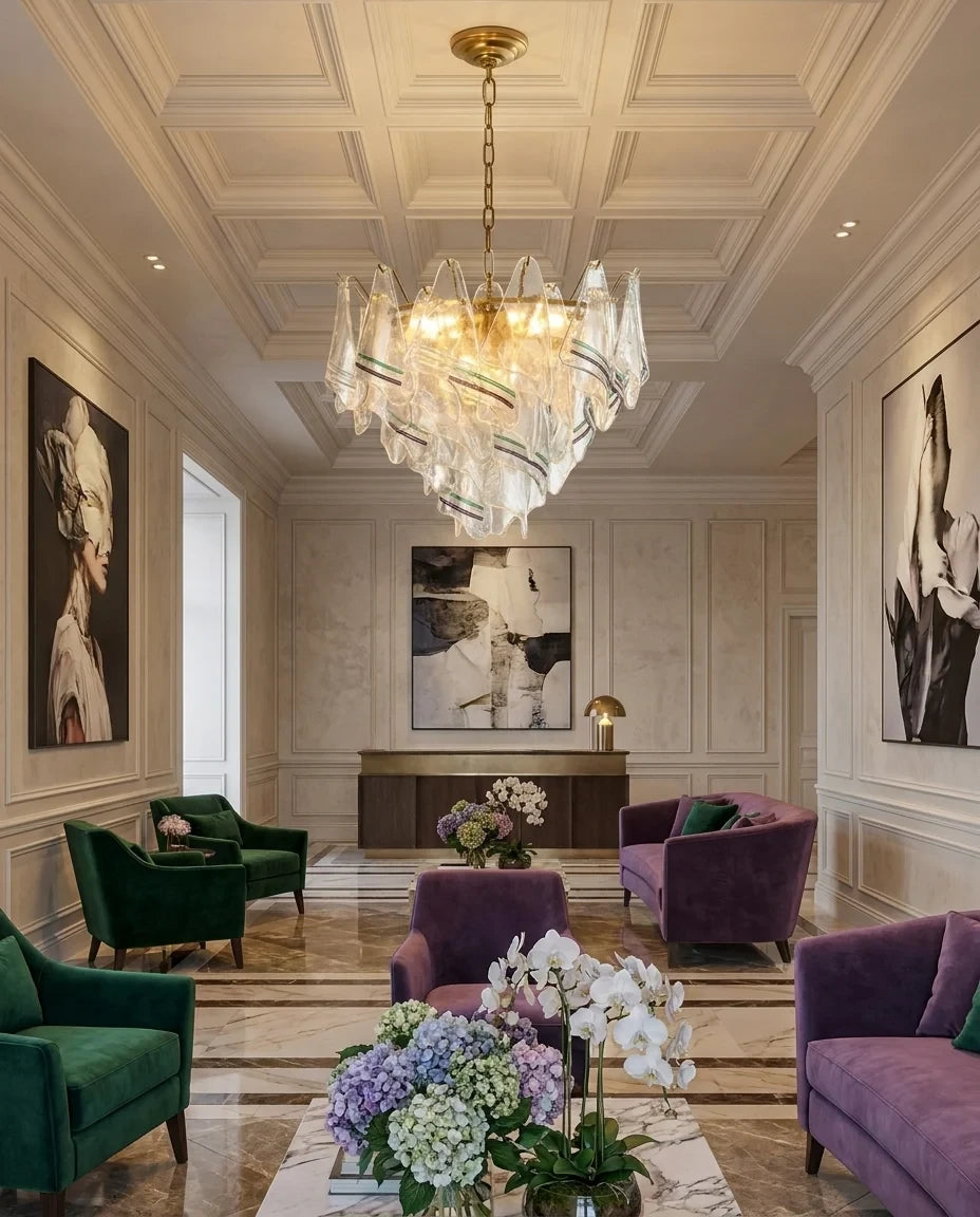 Modern Venetian Striped Art Glass Chandelier in Living Space