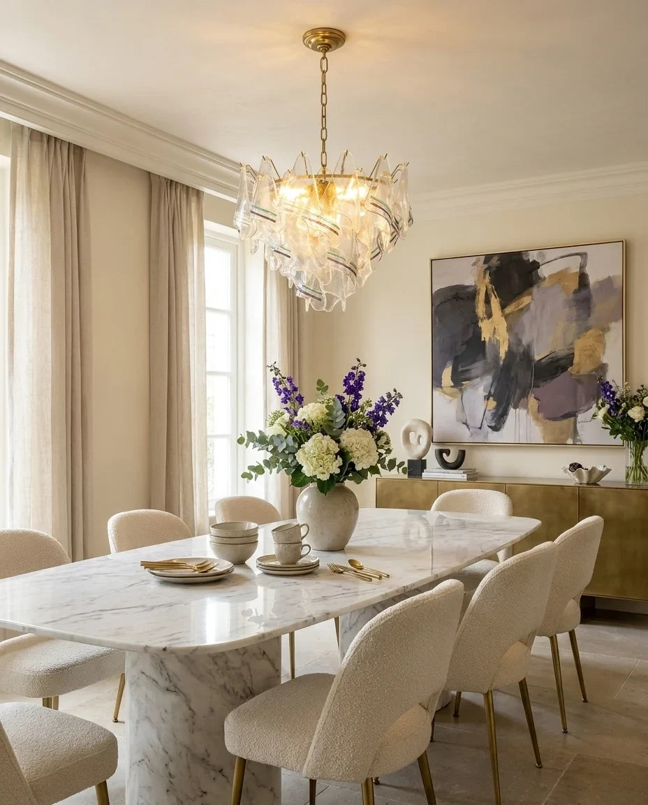 Modern Art Glass Chandelier Over Marble Dining Table