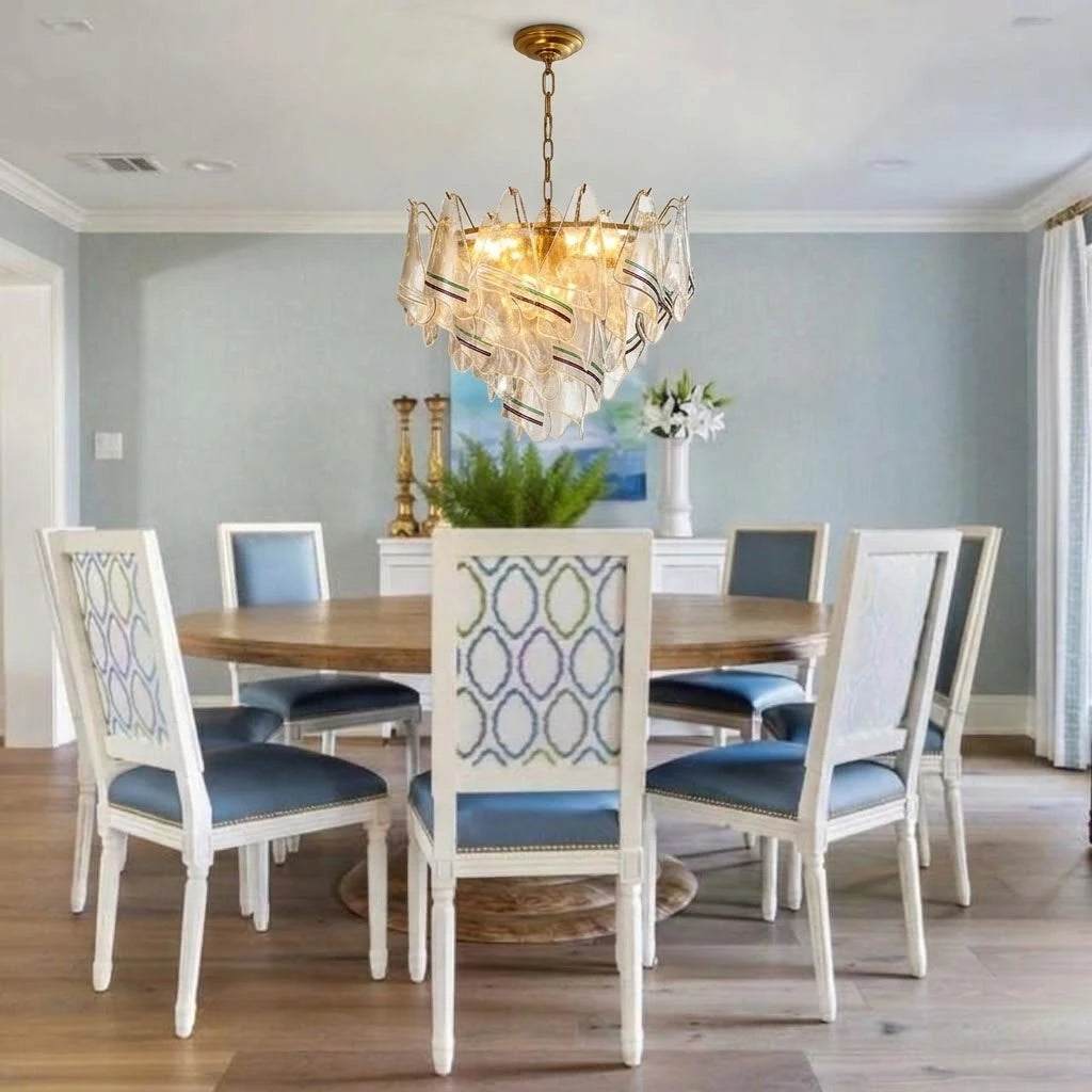 Modern Venetian Striped Chandelier Over Dining Area