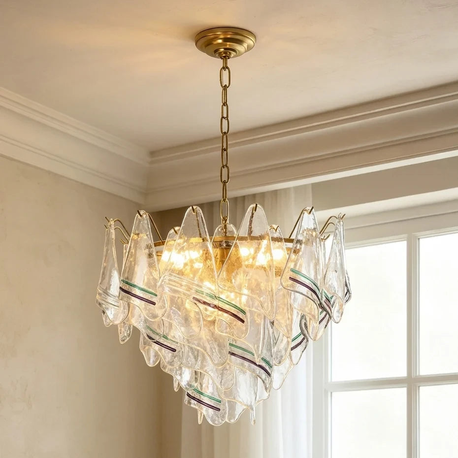 Angled View of Illuminated Venetian Striped Art Glass Chandelier