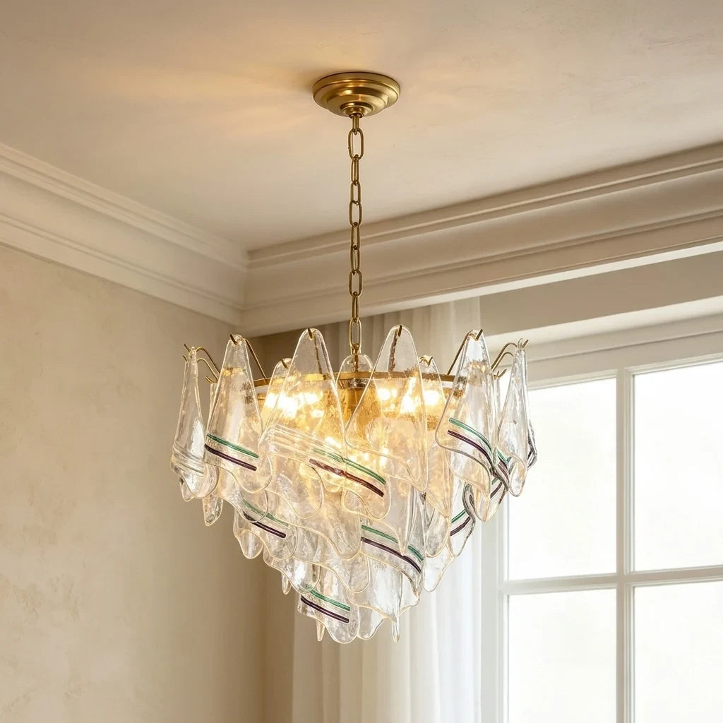 Illuminated Modern Venetian Striped Art Glass Chandelier Studio Shot