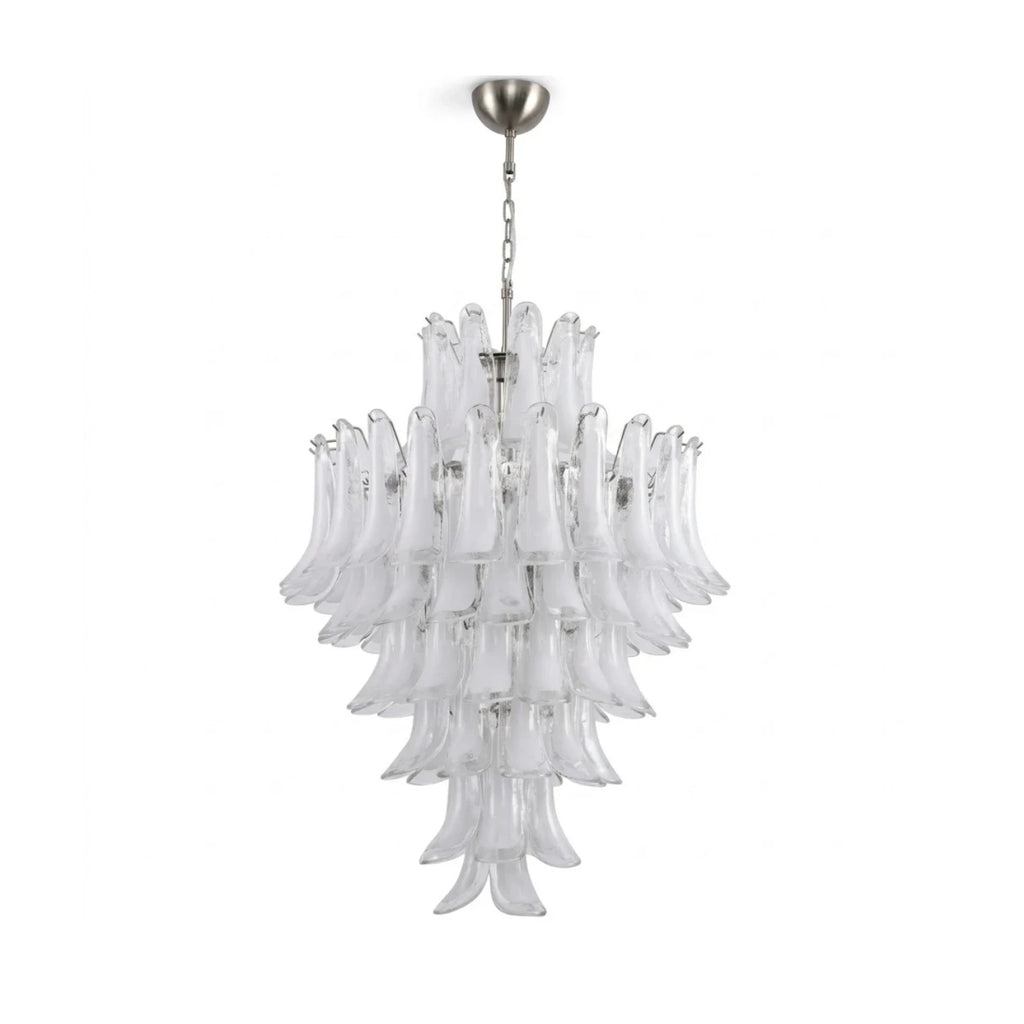 Modern Cascading White Tulip Art Glass Chandelier with Brushed Nickel Canopy on Pure White Background