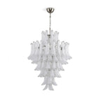 Modern Cascading White Tulip Art Glass Chandelier with Brushed Nickel Canopy on Pure White Background