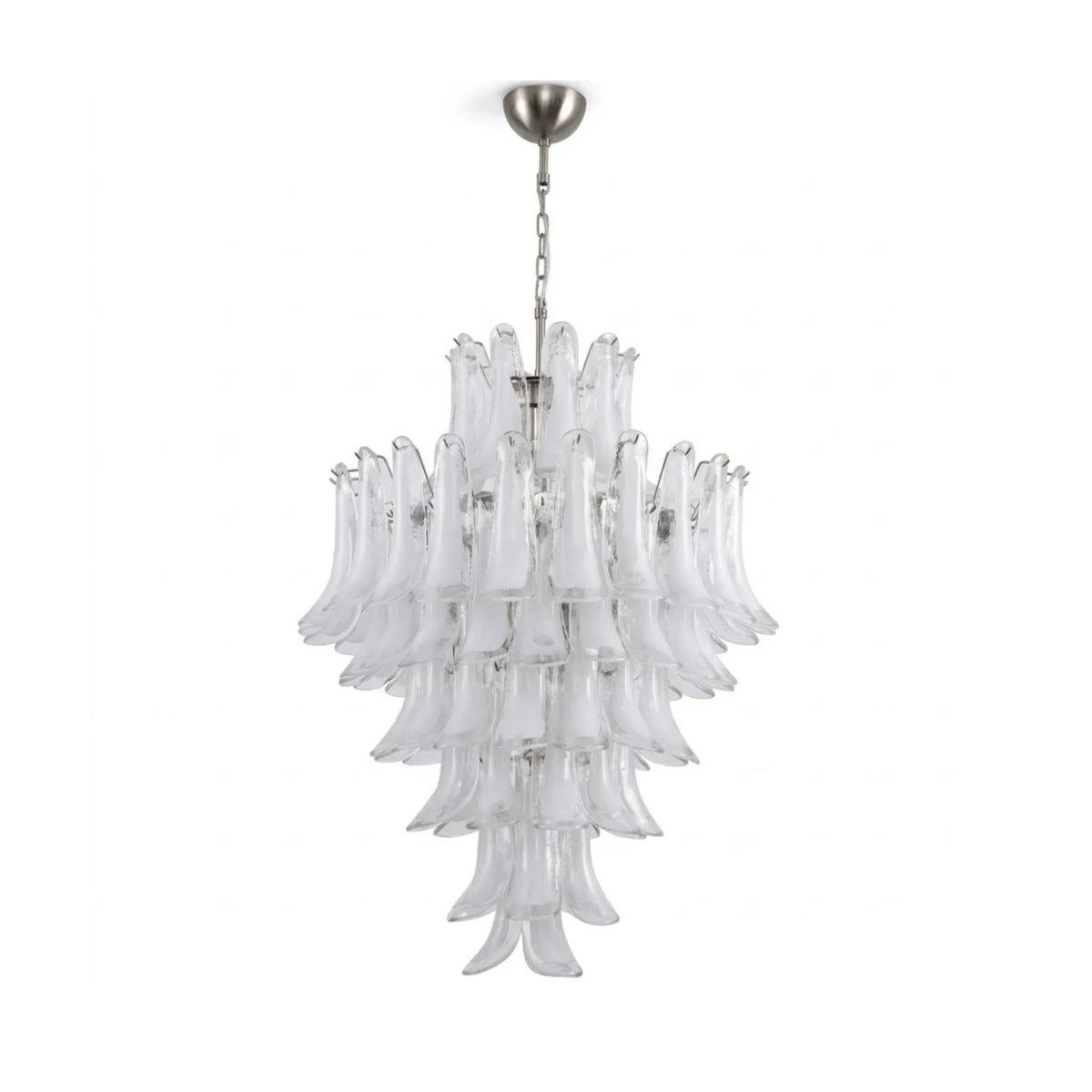 Modern Cascading White Tulip Art Glass Chandelier with Brushed Nickel Canopy on Pure White Background