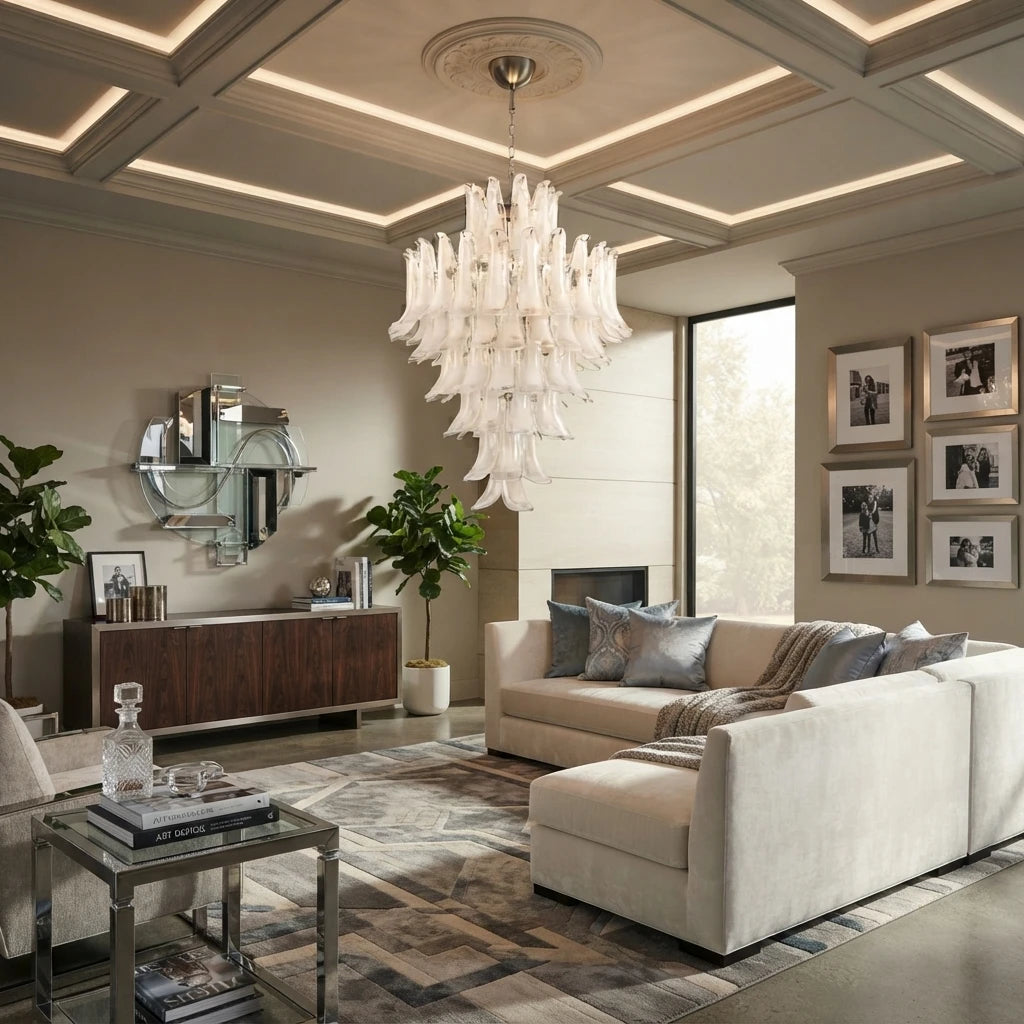 Modern White Tulip Chandelier in Vaulted Living Room