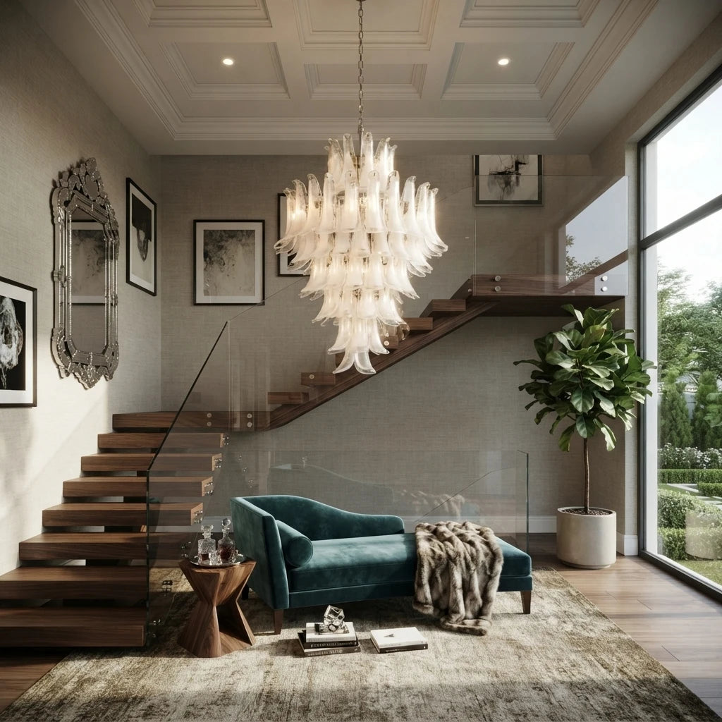 Modern Cascading Art Glass Pendant Light in Luxury Villa Stairway