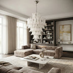 Modern Cascading White Tulip Chandelier in Contemporary Living Space