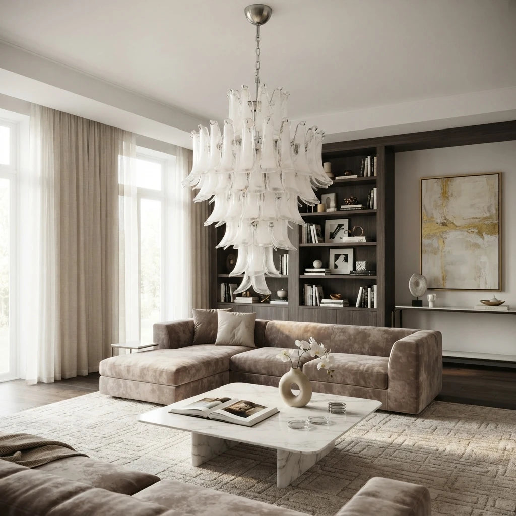 Modern Cascading White Tulip Chandelier in Contemporary Living Space