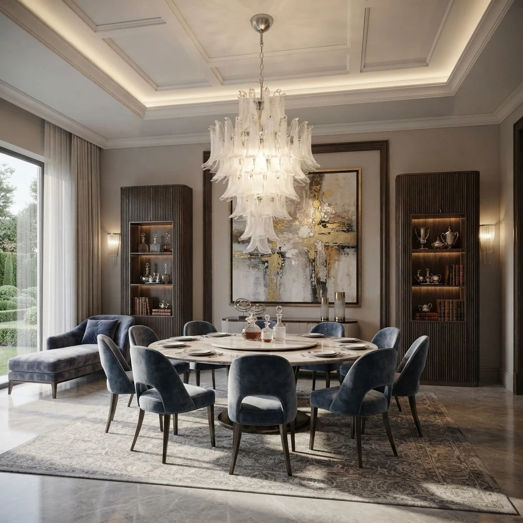Modern White Tulip Art Glass Chandelier Over Dining Room Table