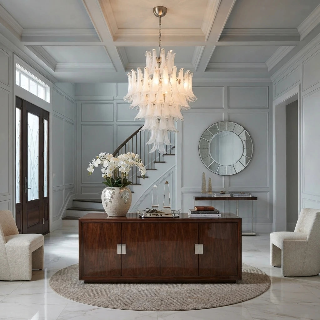 Modern Cascading Art Glass Chandelier in Elegant Foyer