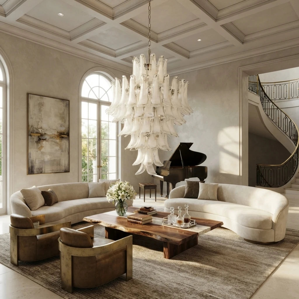 Modern Cascading White Tulip Chandelier in Formal Sitting Room