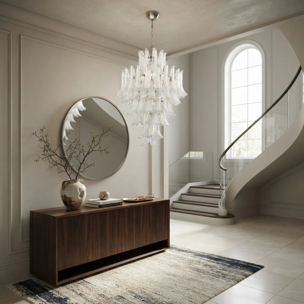 Modern White Tulip Chandelier in Luxury Entryway