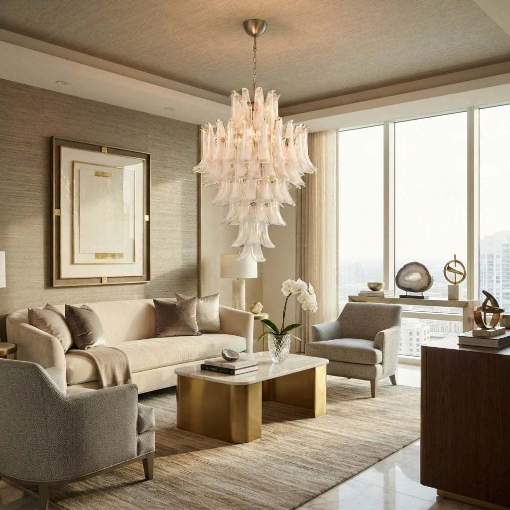 Modern Art Glass Chandelier in High Ceiling Living Room