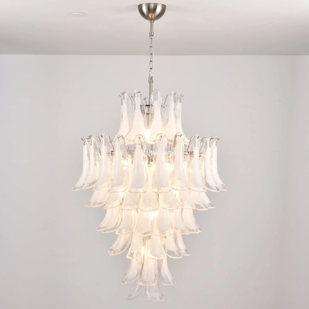 Illuminated Modern Cascading White Tulip Art Glass Chandelier Studio Shot
