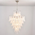Illuminated Modern Cascading White Tulip Art Glass Chandelier Studio Shot