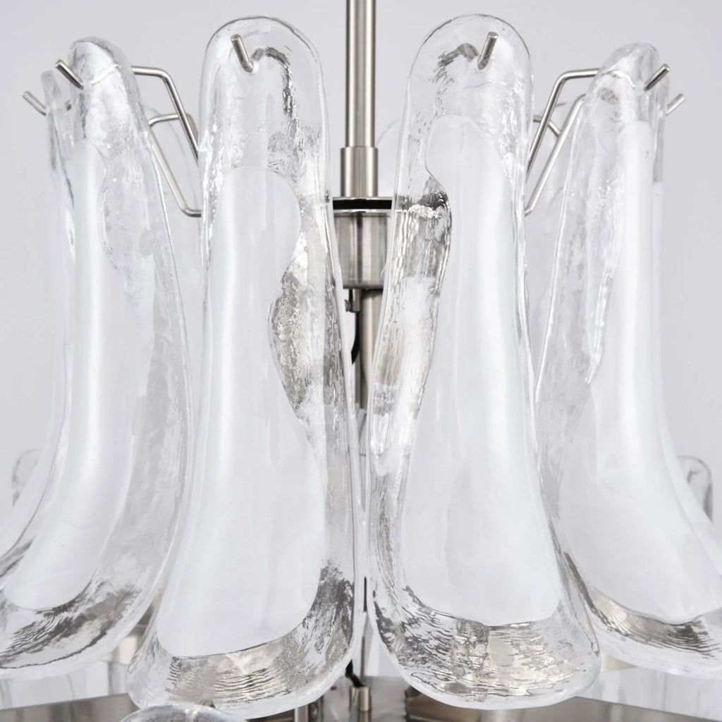 Close Up View of White Tulip Art Glass Shades and Chandelier Structure