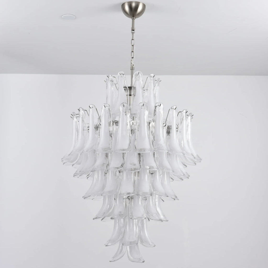Illuminated Modern White Tulip Art Glass Chandelier Studio Display