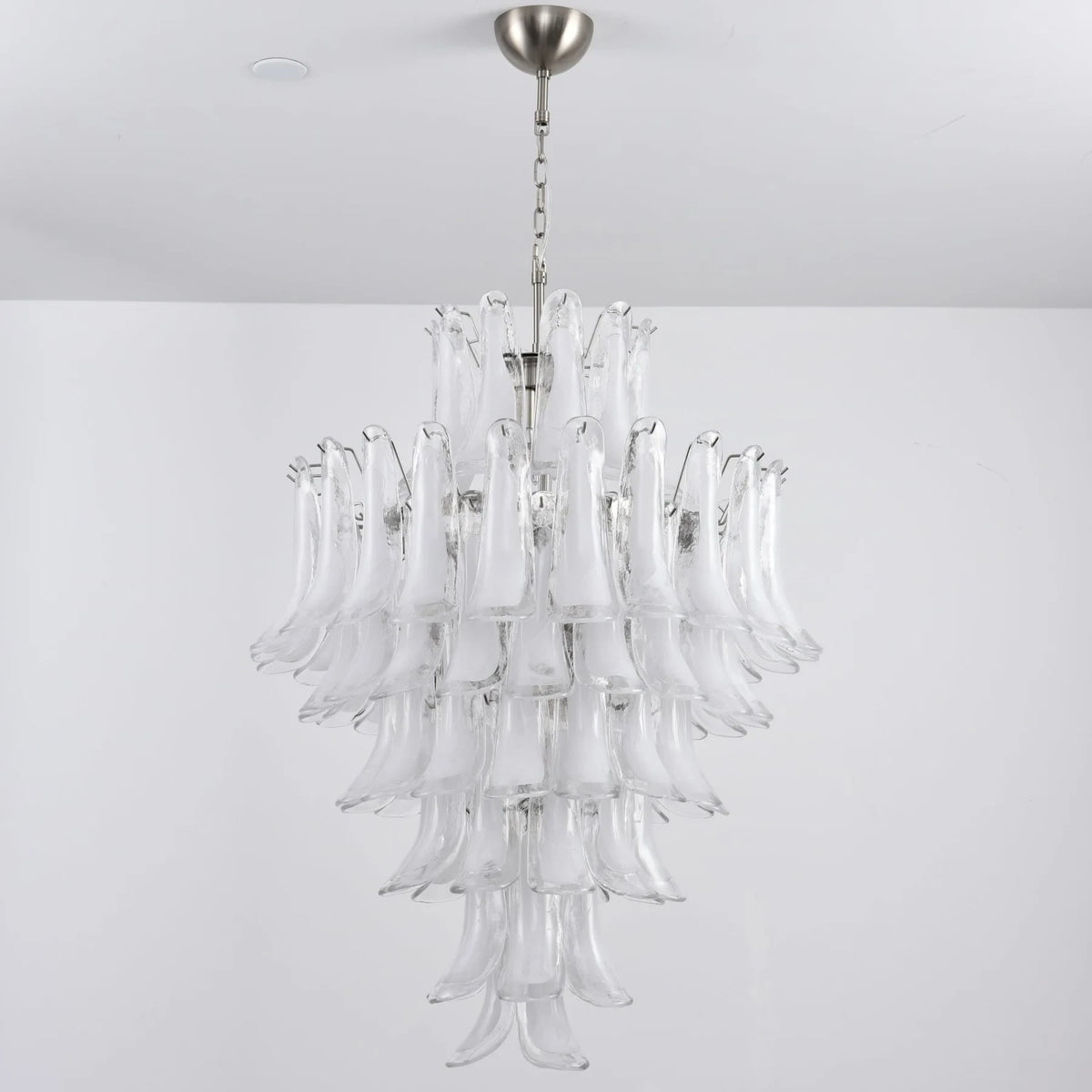 Illuminated Modern White Tulip Art Glass Chandelier Studio Display