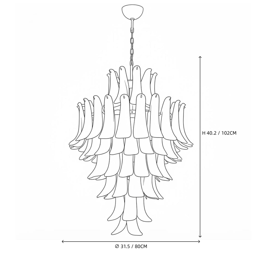 Modern Cascading White Tulip Art Glass Chandelier Line Art Dimension Diagram