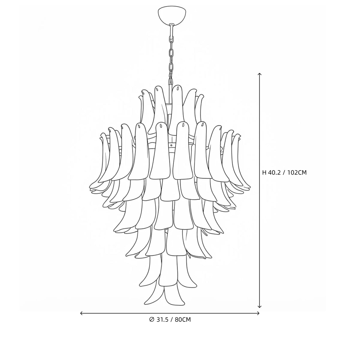 Modern Cascading White Tulip Art Glass Chandelier Line Art Dimension Diagram