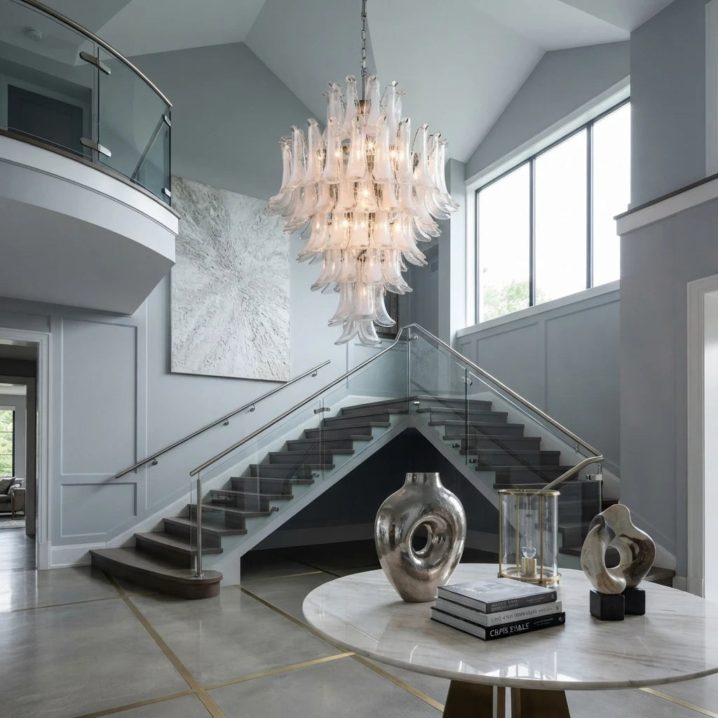 Modern Cascading Art Glass Chandelier in Double Height Foyer