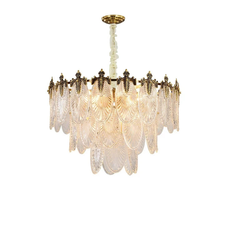 Modern Antique Brass and Clear Feather Wave Art Glass Chandelier with Gold Canopy on Pure White Background