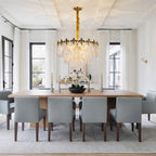 Modern Antique Brass Clear Feather Chandelier in Contemporary Dining Room