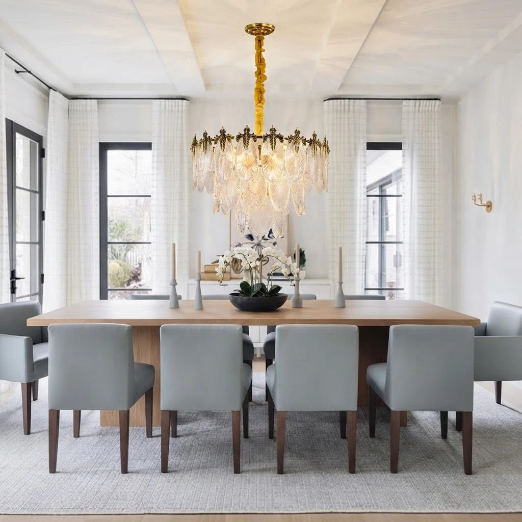 Modern Antique Brass Clear Feather Chandelier in Contemporary Dining Room