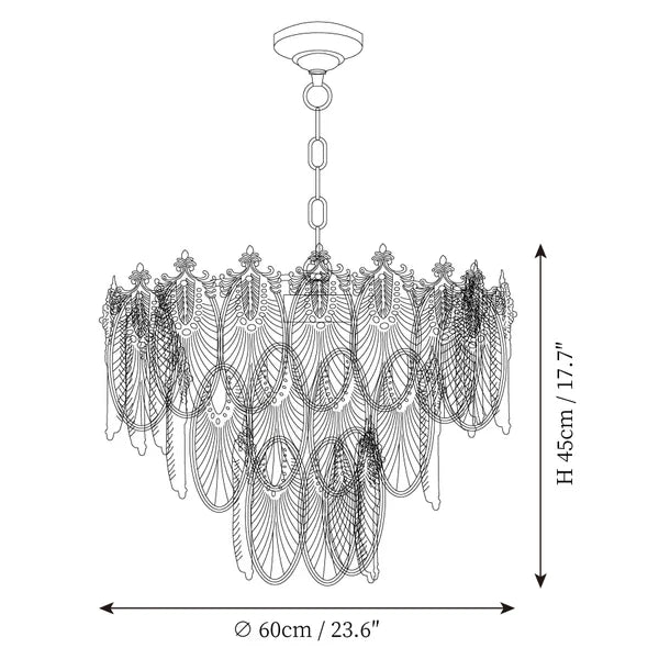 Modern Medium Clear Feather Wave Art Glass Chandelier Line Art Dimension Diagram