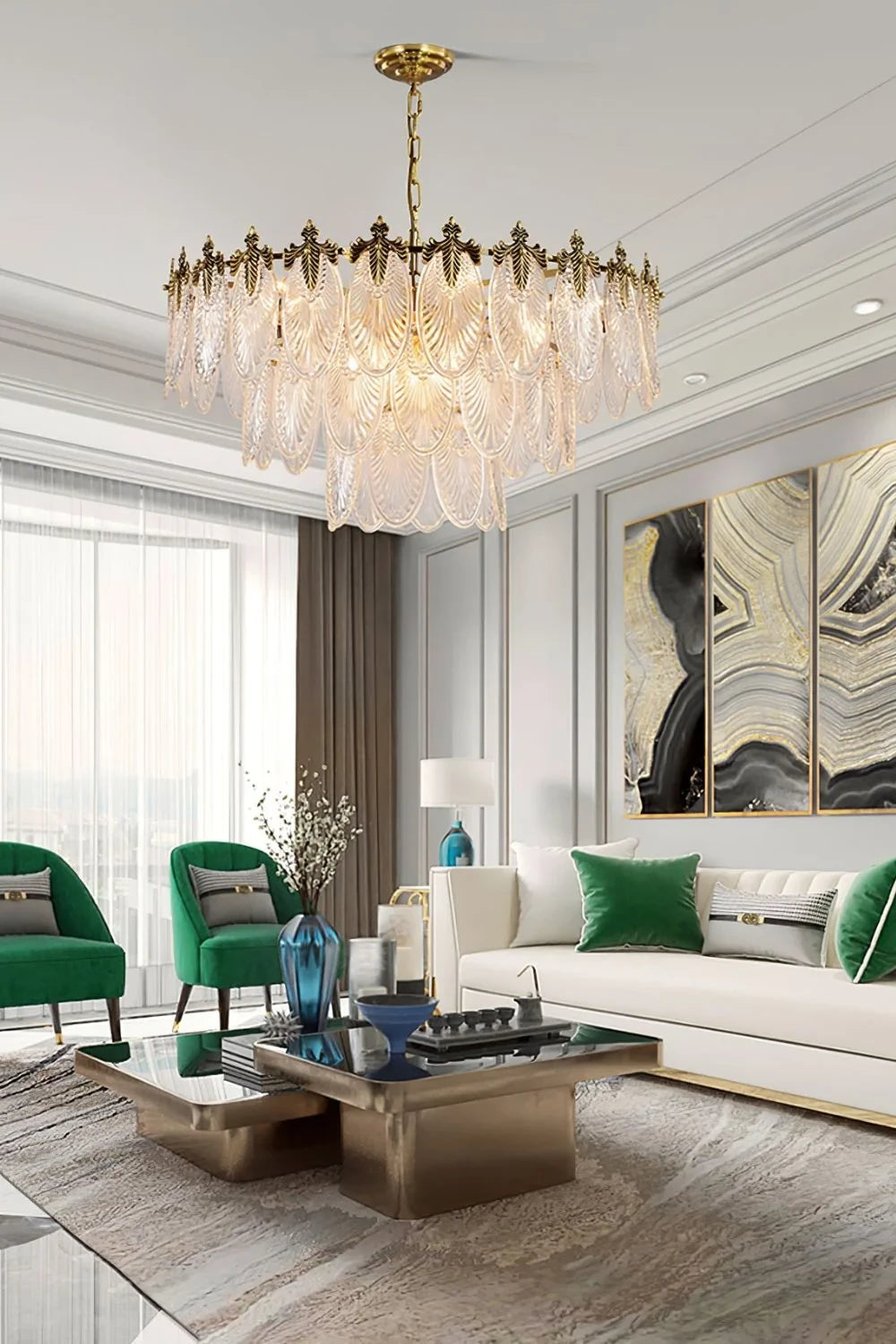 Modern Antique Brass Clear Feather Chandelier in Bright Living Room