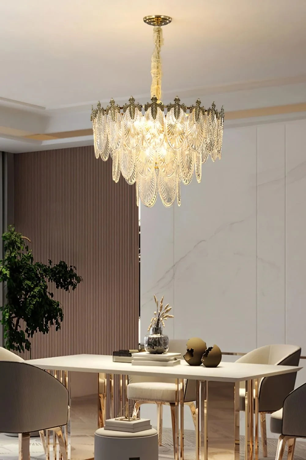 Modern Clear Feather Wave Art Glass Chandelier in Classic Dining Setting
