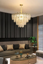 Modern Antique Brass Clear Feather Chandelier in Luxury Living Space