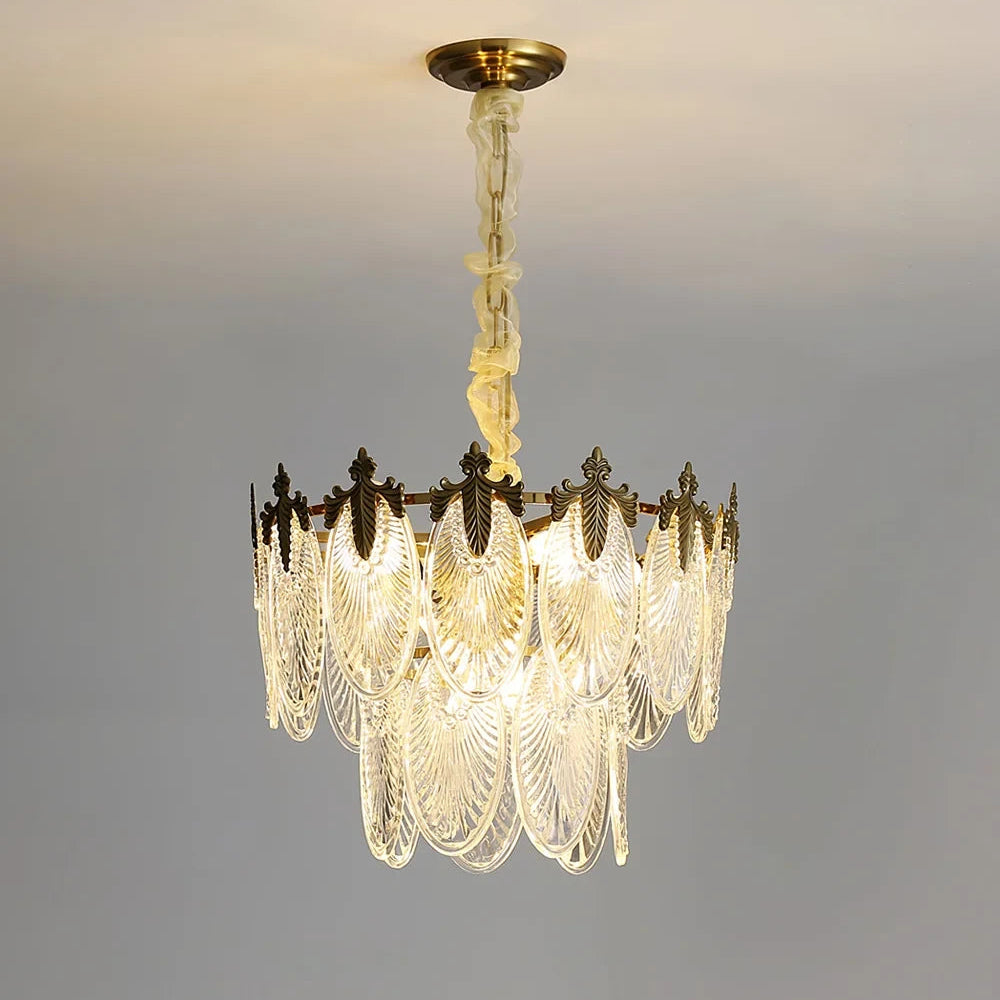 Illuminated Modern Antique Brass and Clear Feather Wave Art Glass Chandelier Studio Shot