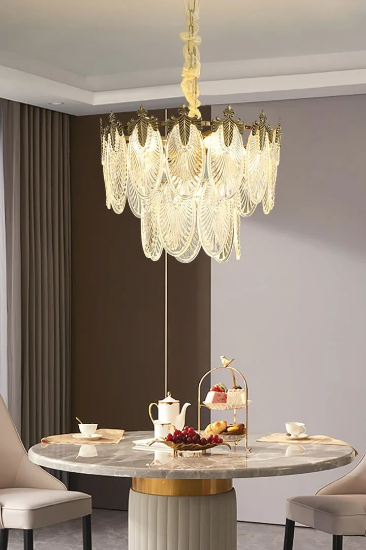 Modern Clear Feather Wave Art Glass Chandelier Over Wooden Dining Table
