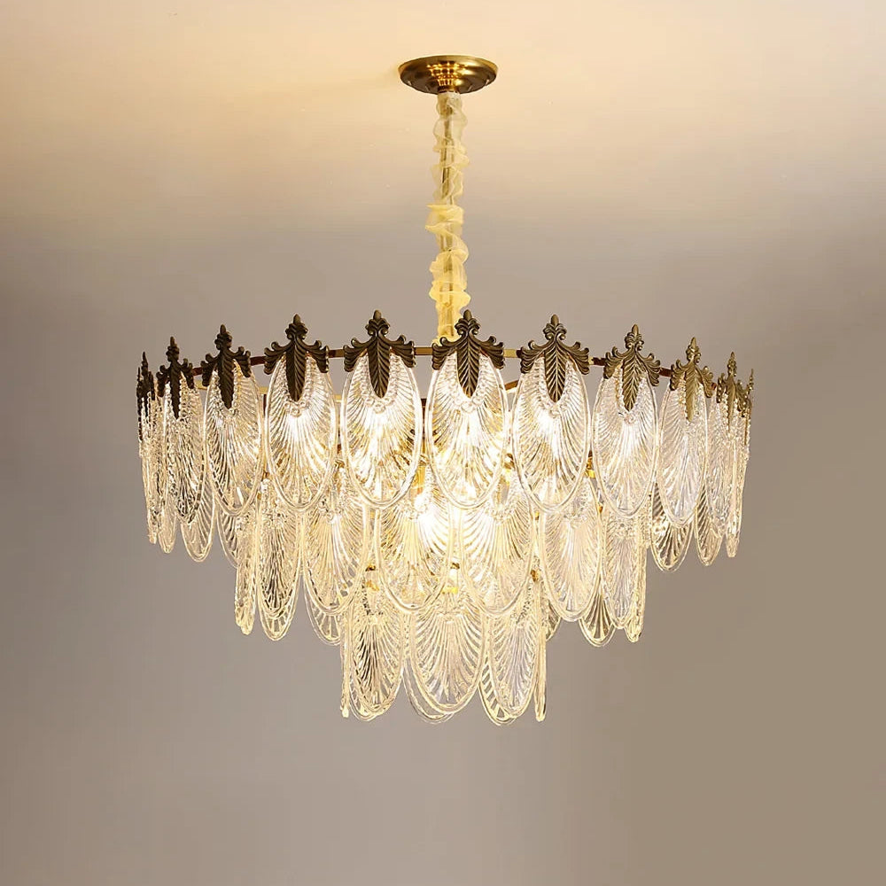 Illuminated Modern Antique Brass Clear Feather Chandelier Studio Shot