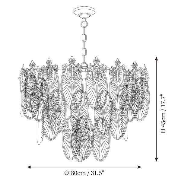Modern Large Clear Feather Wave Art Glass Chandelier Line Art Dimension Diagram