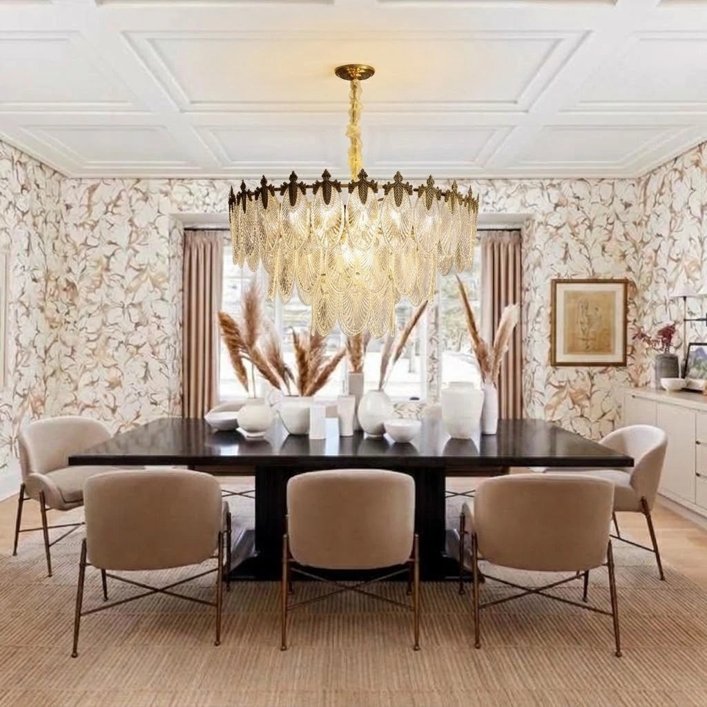 Modern Clear Feather Wave Art Glass Chandelier in Open Plan Dining Setting