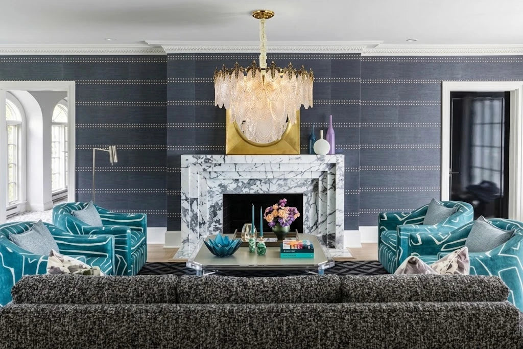 Modern Antique Brass Clear Feather Chandelier in Formal Living Room